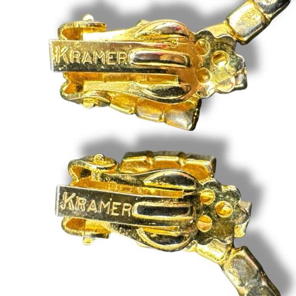 Vintage Kramer New York Red/White/Blue Rhinestone Gold Tone Clip Earrings - Picture 5 of 7